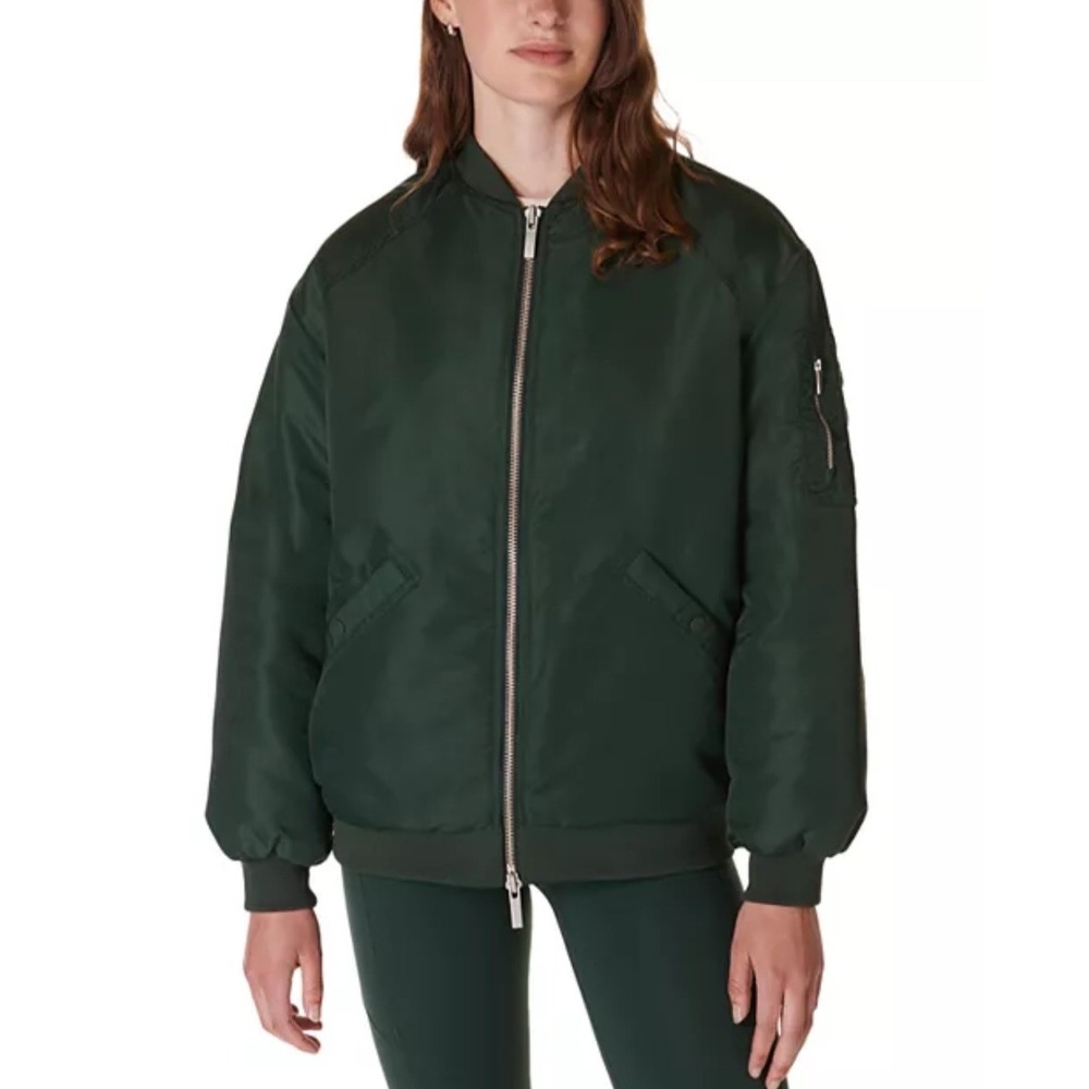 NWT Sweaty Betty Womens Size 8 Cityscape Bomber Jacket Olive Green with Full Zip